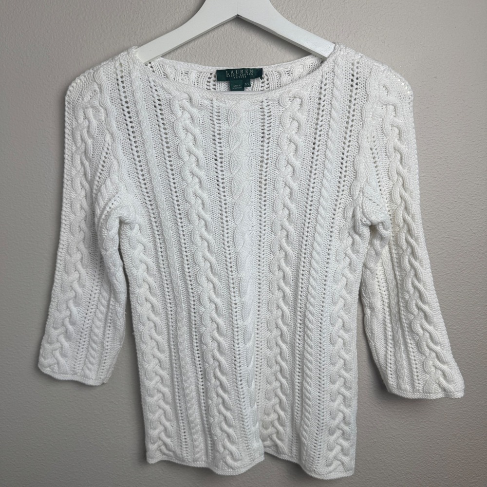 Lauren Ralph Lauren Petite Cable Knit Sweater PS Regular White Cotton Pointelle